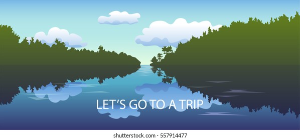 Forest lake. Vector illustration of summer landscape with water, clouds and pine forest. Outdoor recreation. Horizontal natural background