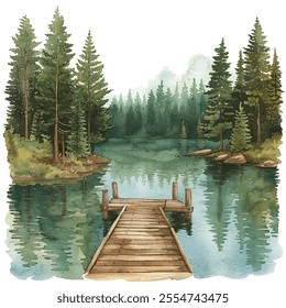 forest lake with wooden dock vector illustration in watercolor style