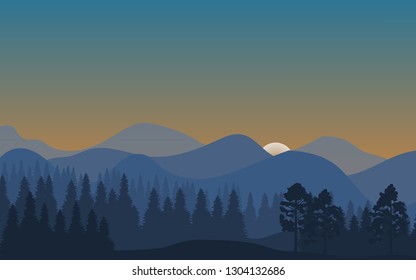 Forest landscape, abstract nature background with trees and mountains silhouettes. Vector illustration