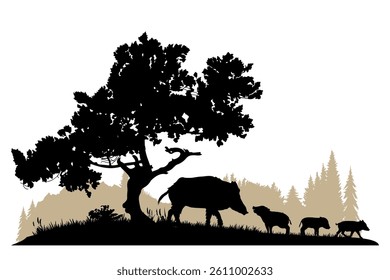 Forest landscape with animal silhouettes. Vector illustration.