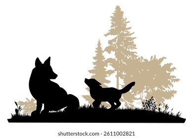 Forest landscape with animal silhouettes. Vector illustration.