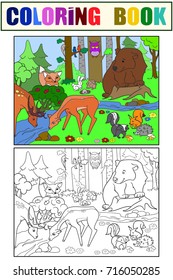 Forest Landscape with animals coloring book for adults vector illustration. Black and white lines Glade with a bear, deer, fox, hedgehog, rabbit, hare, weasel, squirrel, skunk, raccoon, birds, owl