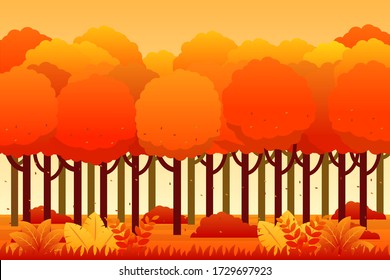 Forest landscape in autumn season vector illustration with yellow and orange leaves. Autumn trees background 