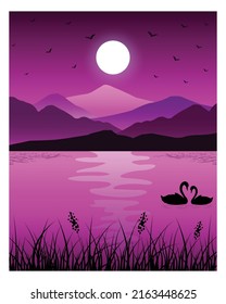 Forest landscape background vector poster in the mountains. Dark day with purple sky in calm lake valley cartoon illustration silhouette of two swans. Hand drawn spring wild nature outdoor scenery