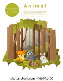 Forest landscape background with woodland animals , vector , illustration