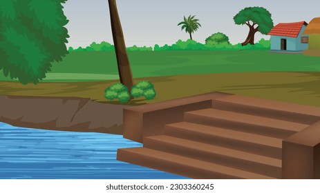 Forest landscape background,Rural Indian Village,riverside village scene for cartoon,Village Pond