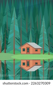 Paisaje forestal. Casa de playa con árboles en el fondo. Ilustración vectorial en un estilo plano