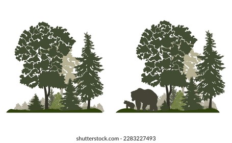 Forest landscape with bear and bear cub silhouettes , green colors, vector illustration.