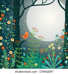 Forest landscape. Beautiful forest scene with bird and place for your text. Vector illustration.