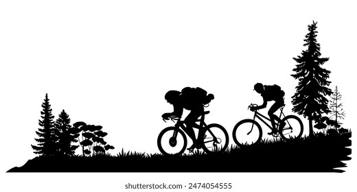 Forest landscape with bicycle tourists. Cyclist silhouettes. Vector illustration.	
