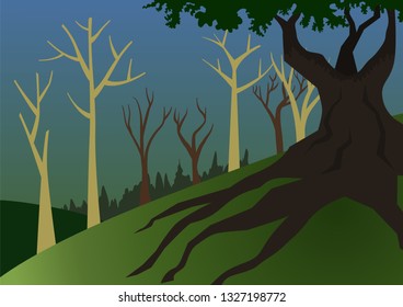 A forest landscape with a big and dark tree in the forefront. Vector illustration