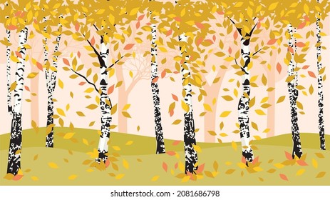 Forest landscape with birch trees and colorful falling autumn leaves.