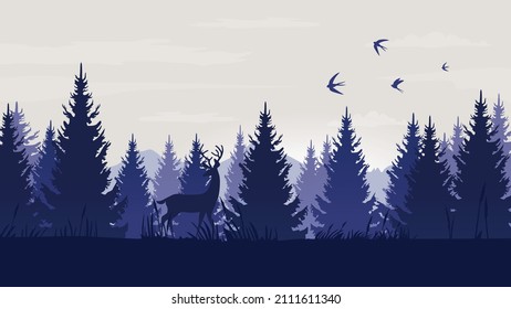 Waldlandschaft mit blauen und grünen Silhouetten von Bäumen und wilden Tieren. Kiefernwald. Outdoor- und Naturkonzept. Vektorgrafik.