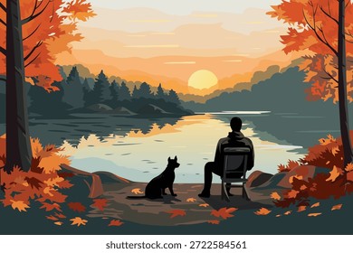 forest landscape camping dog trees lake sunset fall nature inspired vector illustration