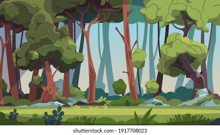 Forest landscape. Cartoon dense wood with green foliage and strong tree trunks. Scenic grassy meadow with stones illuminated by sun's rays. Panoramic natural scape background. Vector wild flora