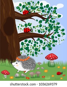 Forest landscape, cartoon illustration with ladybirds, mushrooms, mushrooms, sun, hedgehog, sleepy, unhappy owl, butterflies