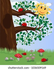 Forest landscape, cartoon illustration with ladybirds, mushrooms, mushrooms, sun, butterflies. Children's style, greeting card