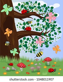 Forest landscape, cartoon illustration with ladybirds, mushrooms, mushrooms, sun, hedgehog, sleepy, unhappy owl, butterflies