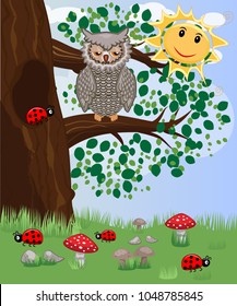 Forest landscape, cartoon illustration with ladybirds, mushrooms, mushrooms, sun, hedgehog, sleepy, unhappy owl, butterflies