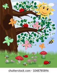 Forest landscape, cartoon illustration with ladybirds, mushrooms, mushrooms, sun, hedgehog, sleepy, unhappy owl, butterflies
