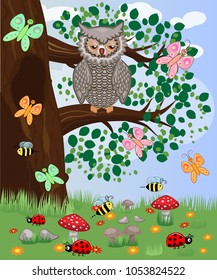 Forest landscape, cartoon illustration with ladybirds, mushrooms, mushrooms, sun, hedgehog, sleepy, unhappy owl, butterflies