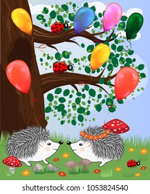 Forest landscape, cartoon illustration with ladybirds, mushrooms, mushrooms, sun, hedgehog, sleepy, unhappy owl, butterflies