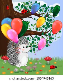 Forest landscape, cartoon illustration with ladybirds, mushrooms, mushrooms, sun, hedgehog, sleepy, unhappy owl, butterflies