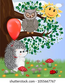 Forest landscape, cartoon illustration with ladybirds, mushrooms, mushrooms, sun, hedgehog, sleepy, unhappy owl, butterflies