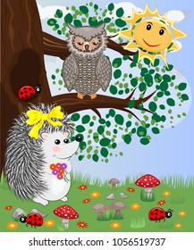 Forest landscape, cartoon illustration with ladybirds, mushrooms, mushrooms, sun, hedgehog, sleepy, unhappy owl, butterflies