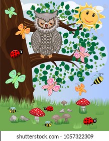 Forest landscape, cartoon illustration with ladybirds, mushrooms, mushrooms, sun, hedgehog, sleepy, unhappy owl, butterflies