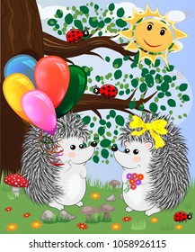 Forest landscape, cartoon illustration with ladybirds, mushrooms, mushrooms, sun, hedgehog, sleepy, unhappy owl, butterflies