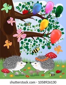 Forest landscape, cartoon illustration with ladybirds, mushrooms, mushrooms, sun, hedgehog, sleepy, unhappy owl, butterflies
