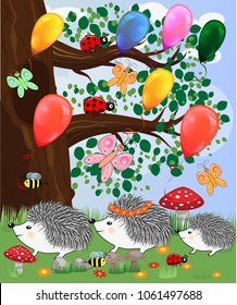 Forest landscape, cartoon illustration with ladybirds, mushrooms, mushrooms, sun, hedgehog, sleepy, unhappy owl, butterflies