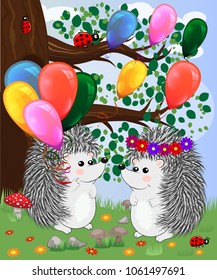 Forest landscape, cartoon illustration with ladybirds, mushrooms, mushrooms, sun, hedgehog, sleepy, unhappy owl, butterflies