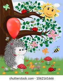 Forest landscape, cartoon illustration with ladybirds, mushrooms, mushrooms, sun, hedgehog, sleepy, unhappy owl, butterflies