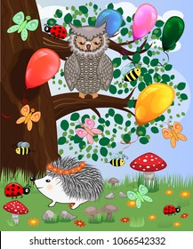 Forest landscape, cartoon illustration with ladybirds, mushrooms, mushrooms, sun, hedgehog, sleepy, unhappy owl, butterflies