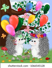 Forest landscape, cartoon illustration with ladybirds, mushrooms, mushrooms, sun, hedgehog, sleepy, unhappy owl, butterflies