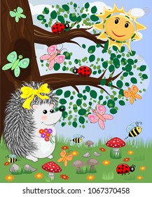 Forest landscape, cartoon illustration with ladybirds, mushrooms, mushrooms, sun, hedgehog, sleepy, unhappy owl, butterflies