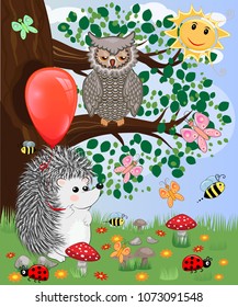 Forest landscape, cartoon illustration with ladybirds, mushrooms, mushrooms, sun, hedgehog, sleepy, unhappy owl, butterflies