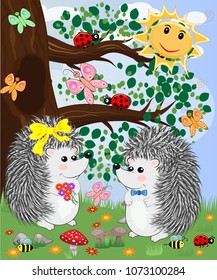 Forest landscape, cartoon illustration with ladybirds, mushrooms, mushrooms, sun, hedgehog, sleepy, unhappy owl, butterflies