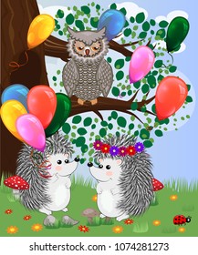 Forest landscape, cartoon illustration with ladybirds, mushrooms, mushrooms, sun, hedgehog, sleepy, unhappy owl, butterflies