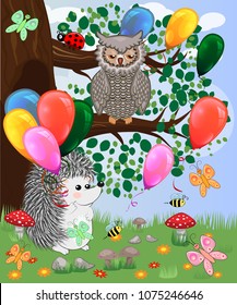 Forest landscape, cartoon illustration with ladybirds, mushrooms, mushrooms, sun, hedgehog, sleepy, unhappy owl, butterflies