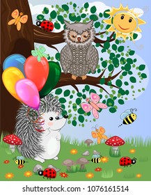 Forest landscape, cartoon illustration with ladybirds, mushrooms, mushrooms, sun, hedgehog, sleepy, unhappy owl, butterflies