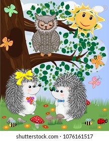 Forest landscape, cartoon illustration with ladybirds, mushrooms, mushrooms, sun, hedgehog, sleepy, unhappy owl, butterflies