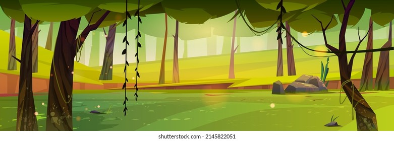 Forest landscape cartoon nature summertime background with deciduous trees, moss and lianas on trunks, rocks, grass and sunlight spots on ground. Scenery summer or spring wood, Vector illustration