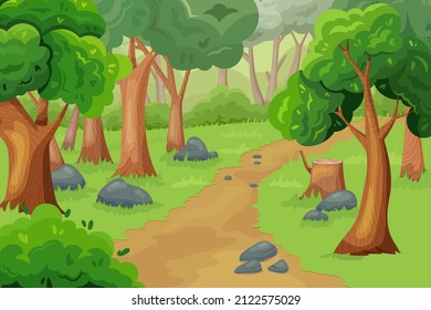 Forest landscape. Cartoon nature wood scenery with old trees bushes and grass. Vector summer forest background