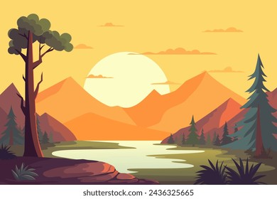 Forest landscape in cartoon style. Mountains, trees, pine trees, spruce trees, bushes, lake and green grass against the backdrop of a yellow sunset. Nature vector illustration.