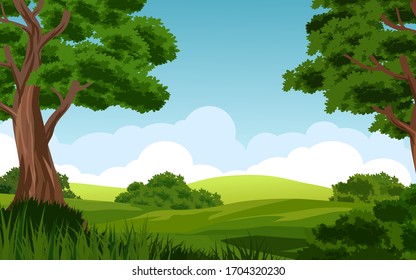 Forest landscape with cloudy blue sky