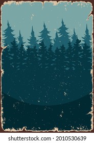 Forest landscape colorful poster with green trees silhouettes in vintage style vector illustration