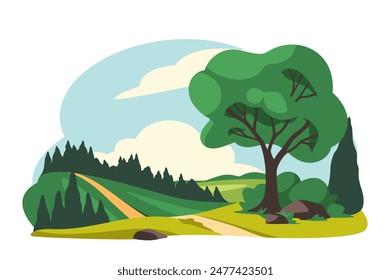 Waldlandschaftskonzept. Baum und Felsen in der Nähe von Pfad im ländlichen Ort. Schönes Panorama. Frühling oder Sommertag. Poster oder Banner. Cartoon flache Vektorillustration isoliert auf weißem Hintergrund